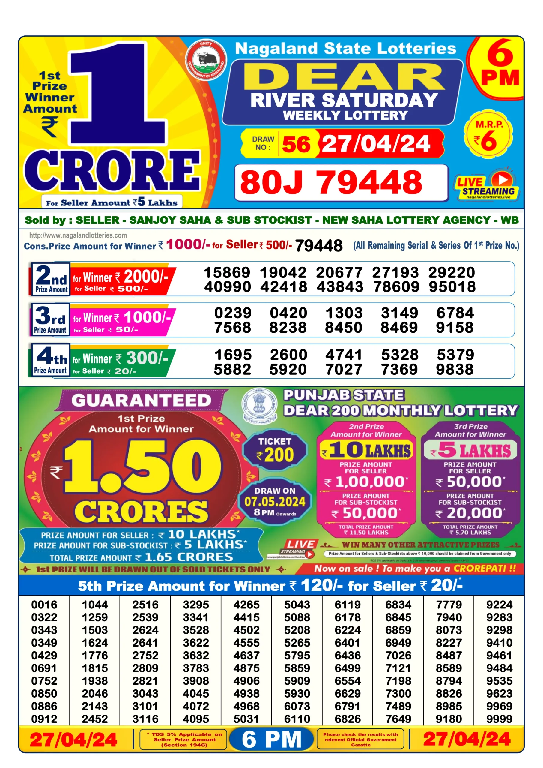 Nagaland Dear Lottery Result Today 6PM 27-4-2024