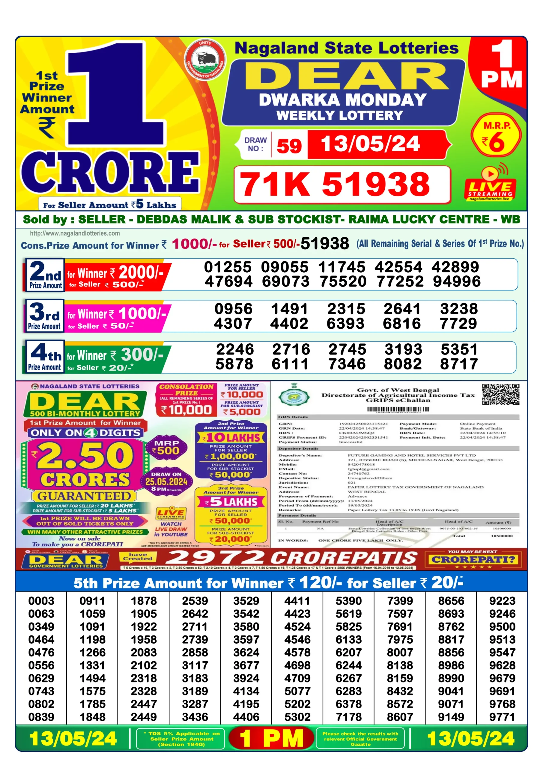 Nagaland Dear Lottery Sambad Today Result 1 pm May (13-5-2024)