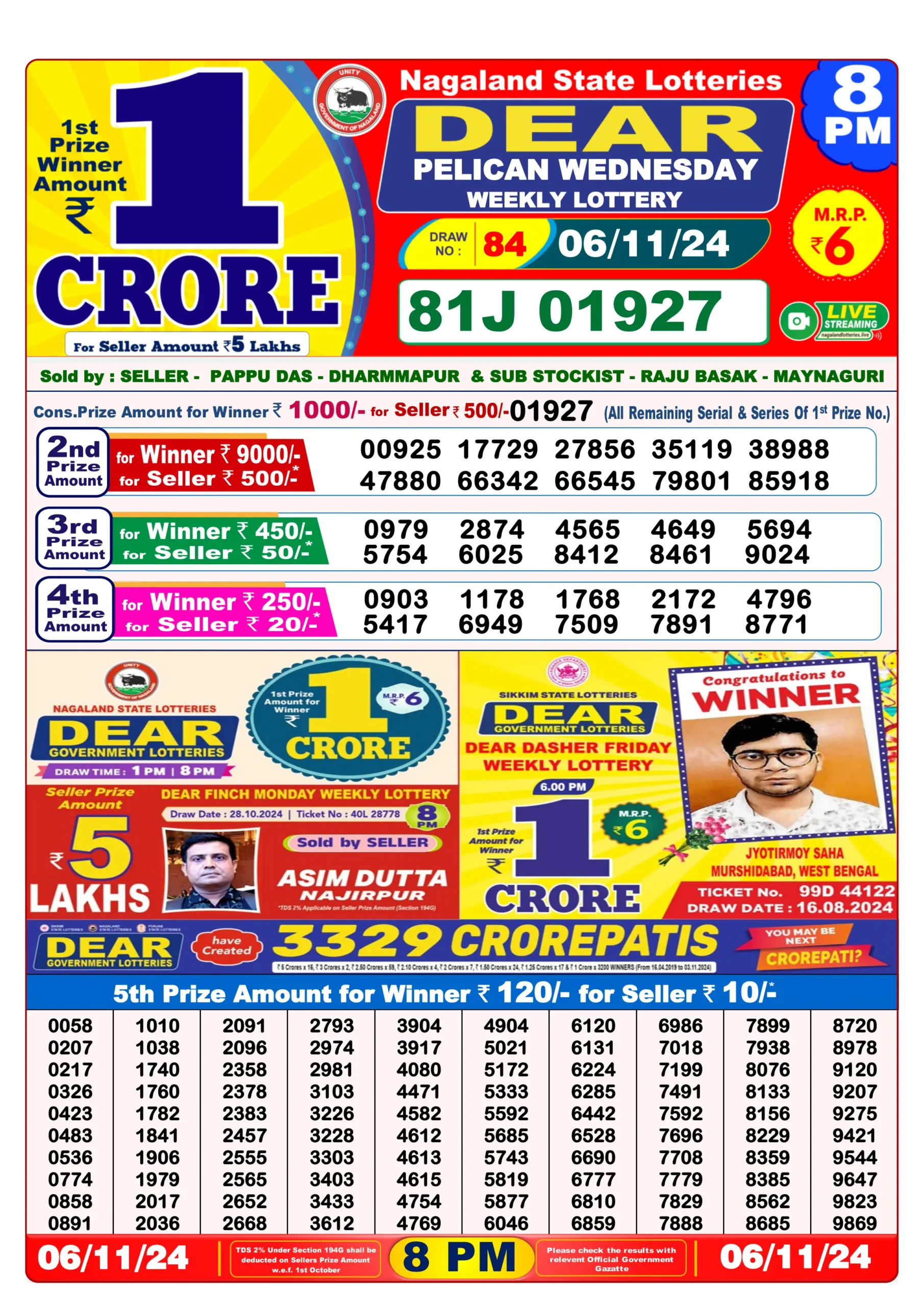 Nagaland Dear Lottery Result Today 8PM. 06/11/2024