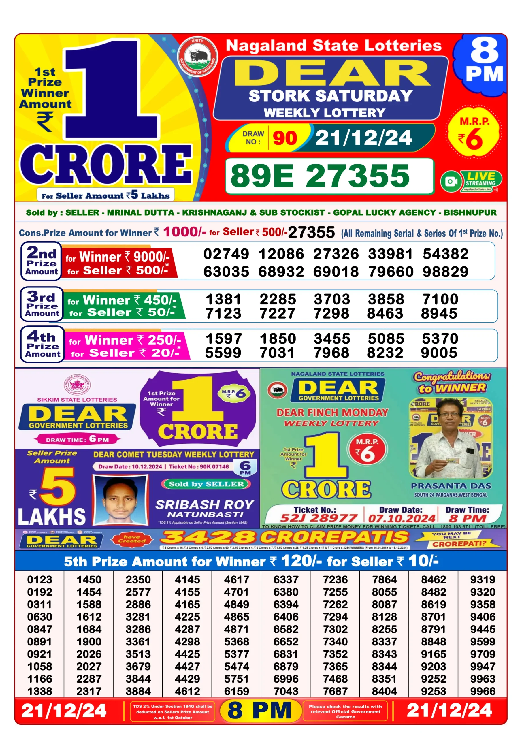 Nagaland Dear Lottery Result Today 8PM. (21/12/2024)